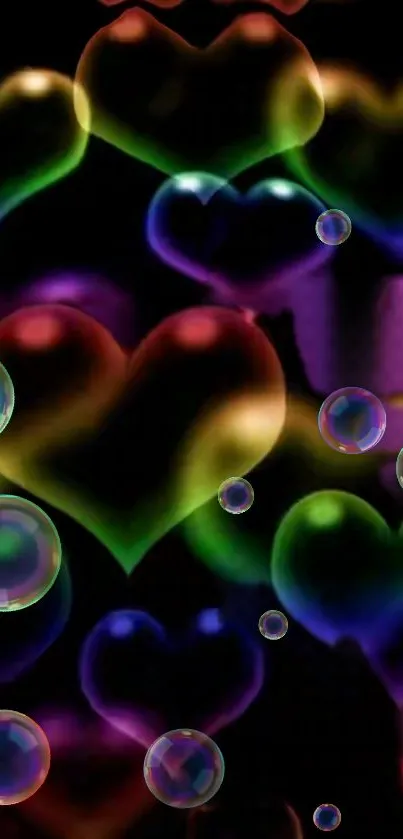 Colorful hearts and bubbles on a dark wallpaper background.