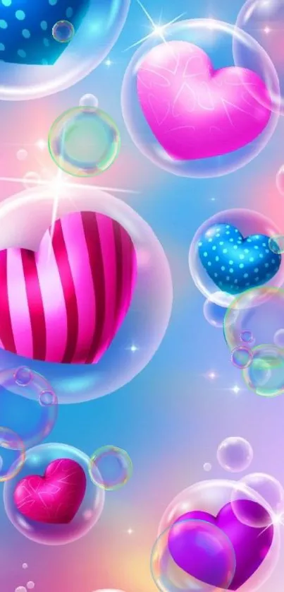 Colorful hearts in bubbles against a gradient background.