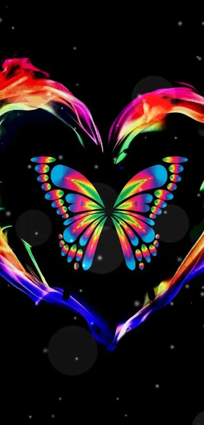 Colorful butterfly within flaming heart on black background.