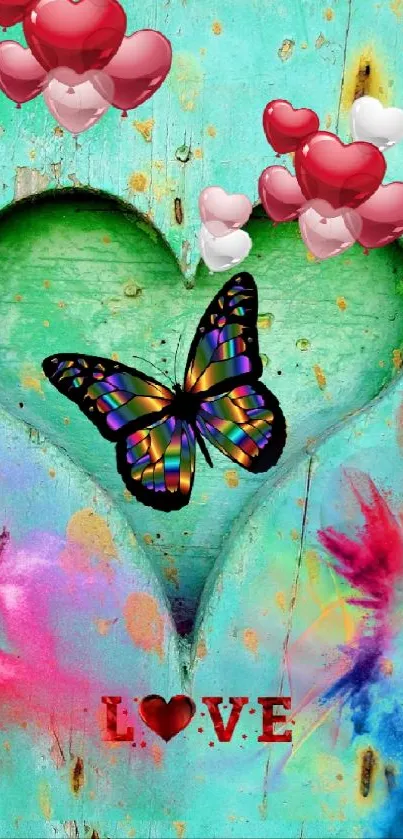 Vibrant heart-shaped wood design with butterfly and colorful accents.