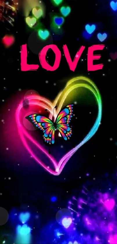 Colorful heart and butterfly wallpaper with love.