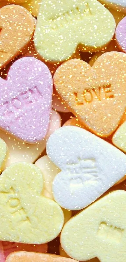 Pastel heart-shaped candies with sweet messages.