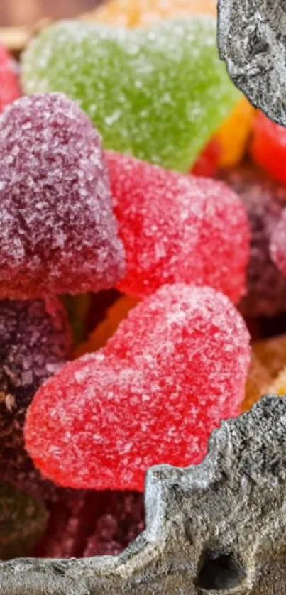 Heart-shaped candies with sugar in vibrant colors next to a textured stone.