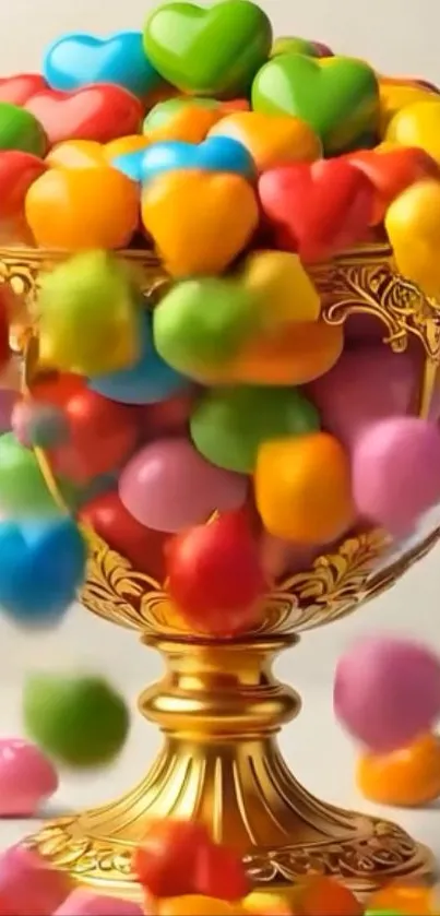 Ornate cup overflowing with colorful heart candies.