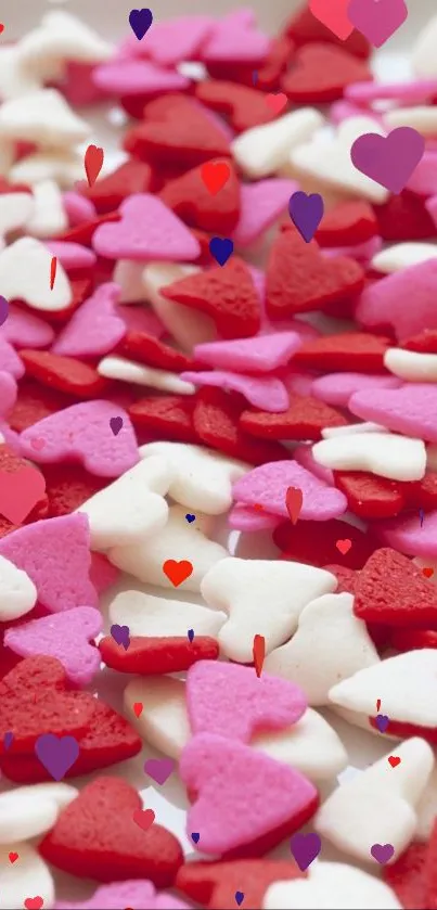 Colorful heart-shaped candy sprinkles scattered on a light background.