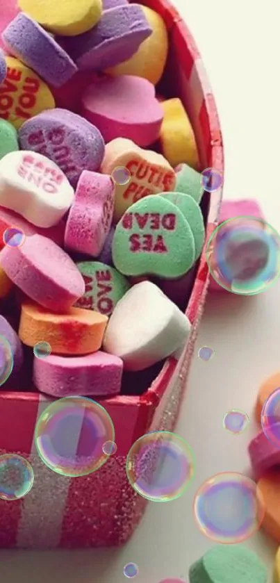 Pastel heart candies in a festive box, perfect for phone wallpaper.