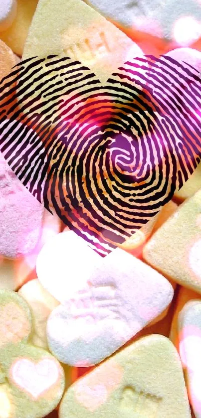 Heart-shaped candy wallpaper with fingerprint design.