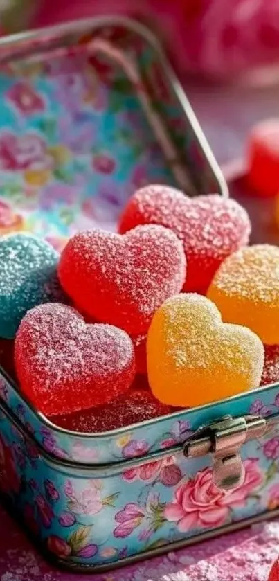 Colorful heart-shaped candy in a floral tin box.