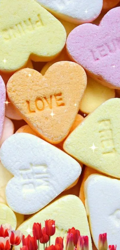 Colorful heart-shaped candies with love messages on a vibrant background.