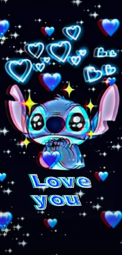 Cute cartoon with hearts and 'Love you' text on mobile wallpaper.