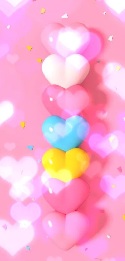 Colorful hearts cascading on a pink background.