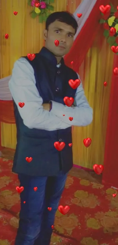 Stylish man with floating red hearts on a festive wallpaper.