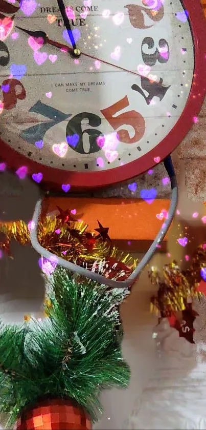 Vintage clock with colorful heart decorations and festive elements.