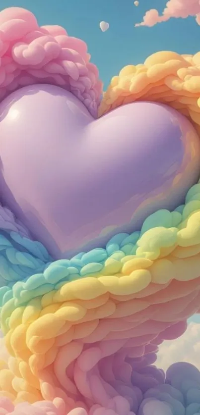 Whimsical heart-shaped cloud with vibrant colors and a pastel sky.
