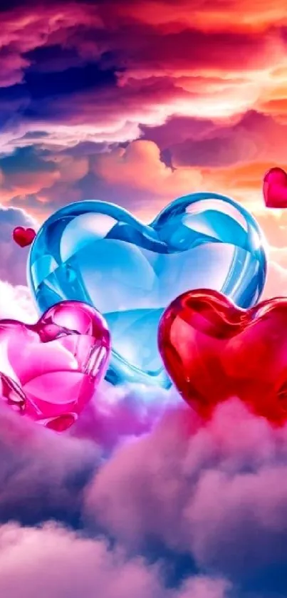 Colorful 3D hearts in clouds, vibrant wallpaper.