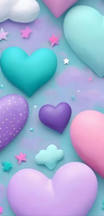 Heart-shaped clouds in pastel colors on a whimsical sky background.