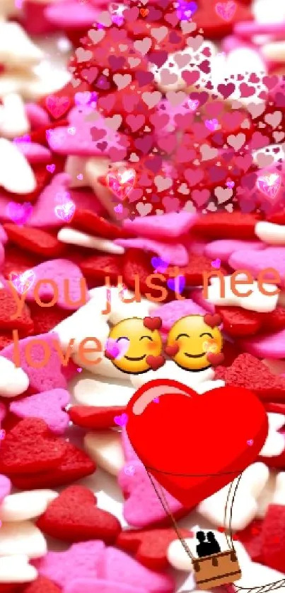 Romantic heart confetti wallpaper in red, pink, and white tones.