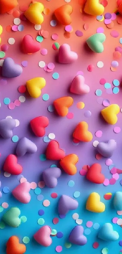 Pink and purple gradient wallpaper with colorful heart confetti.