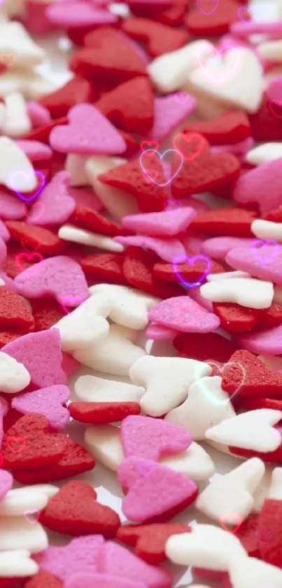 Mobile wallpaper with pink, red, and white heart-shaped confetti.