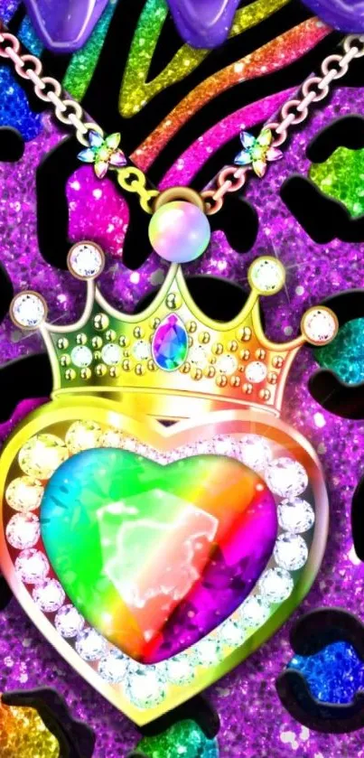 Colorful heart and crown with rainbow gems on purple glitter background.