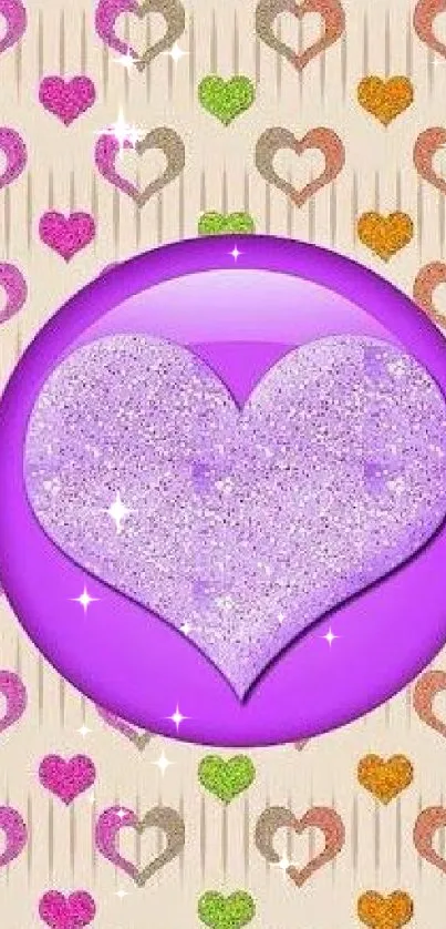 Purple glitter heart wallpaper with colorful heart pattern.