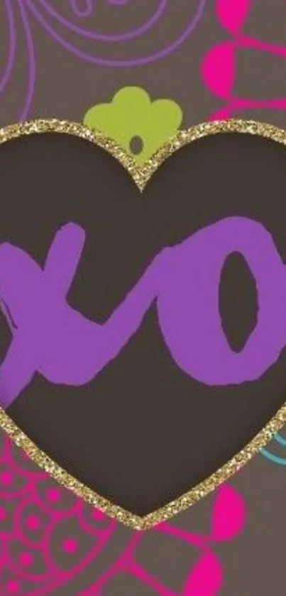 Colorful heart design wallpaper with 'xo' text and patterns.