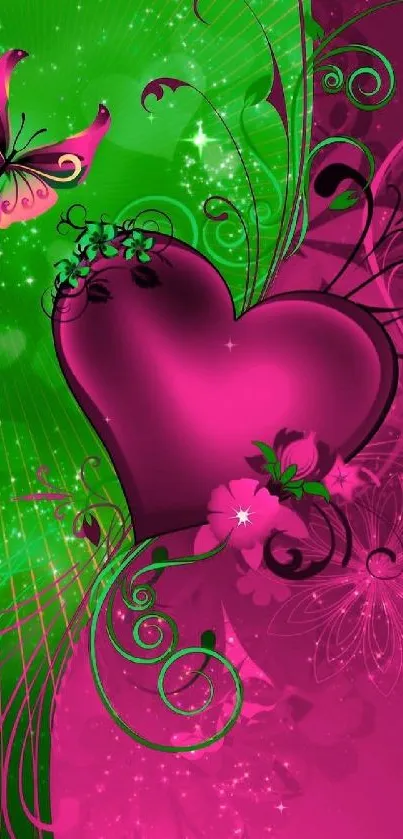 Vibrant pink heart and butterfly mobile wallpaper.