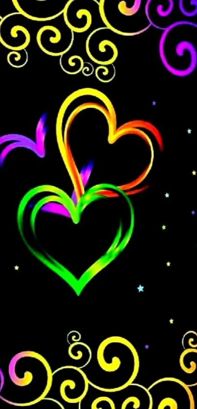 Colorful heart design with swirling patterns on a black background.