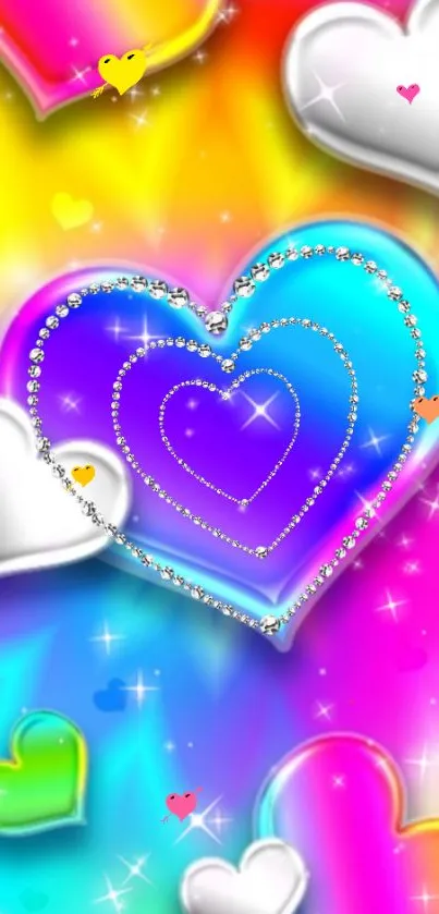 Colorful wallpaper featuring sparkling hearts with a rainbow background.