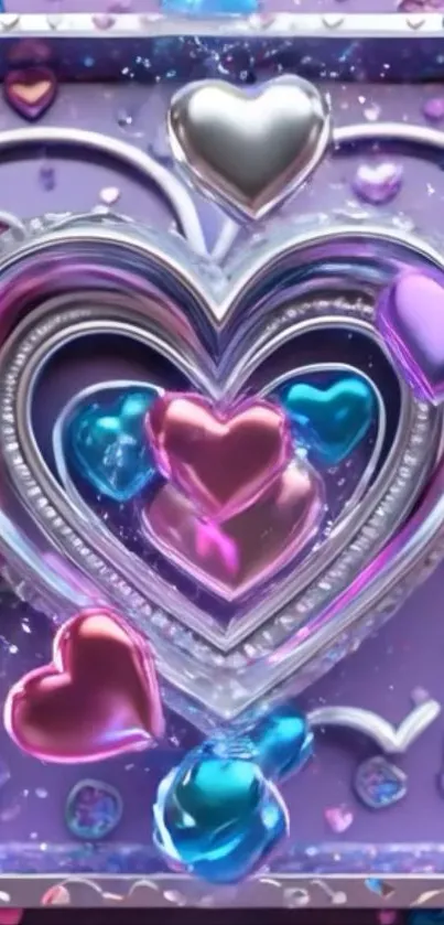 Colorful metallic heart shapes on a purple background.