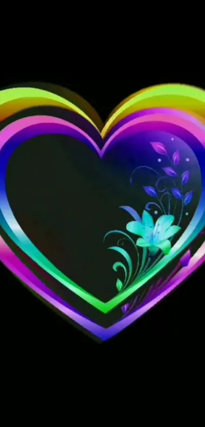 Colorful heart and floral design on black wallpaper background.