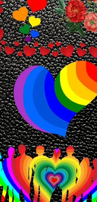 Colorful rainbow heart on black background wallpaper.