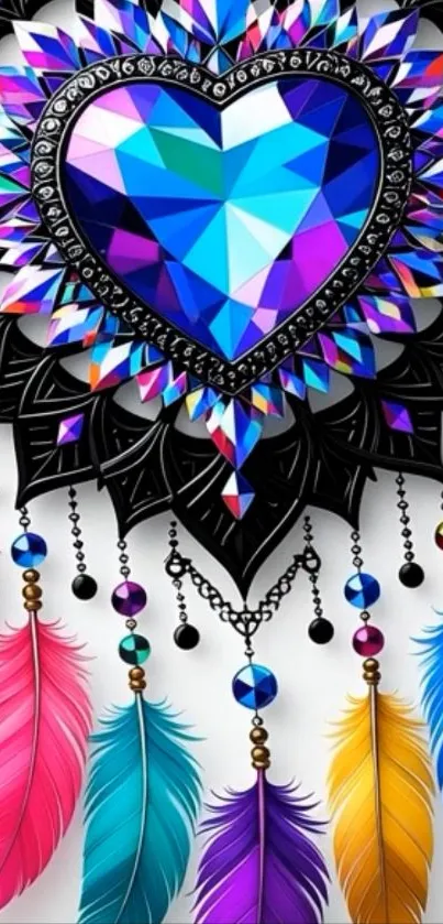 Colorful heart dreamcatcher with vibrant feathers.