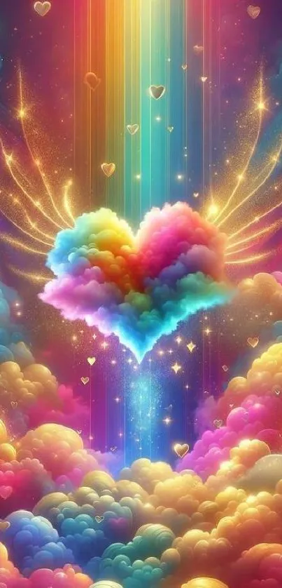Heart-shaped cloud with golden wings in a colorful fantasy sky.