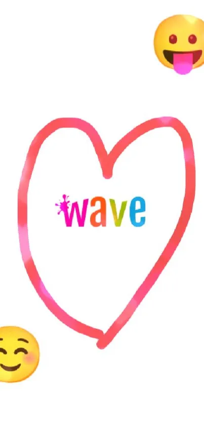 Colorful heart and emoji mobile wallpaper with the word 'wave' in center.