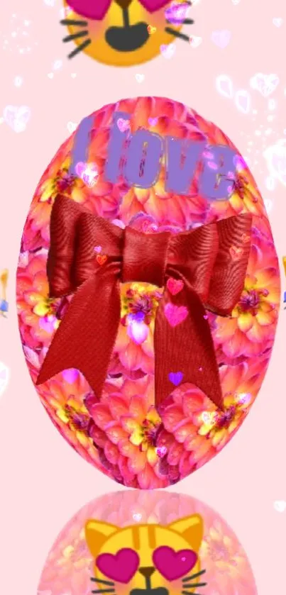 Colorful heart with emojis on pink background.