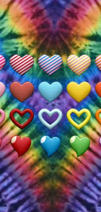 Colorful tie-dye wallpaper with heart emojis in vibrant hues.