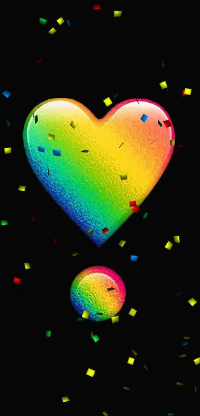 Rainbow heart exclamation with confetti on black background.