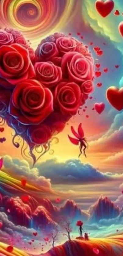 Vibrant fantasy heart wallpaper with roses and colorful landscape.