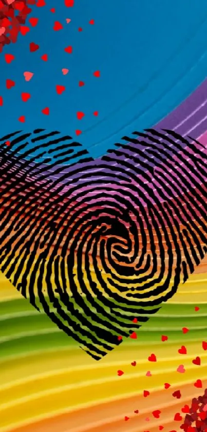 Rainbow heart fingerprint wallpaper with red hearts.