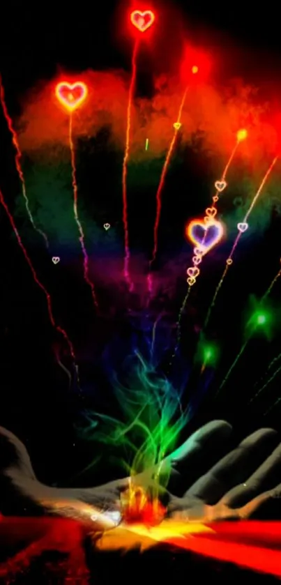 Colorful heart-shaped fireworks on a dark background, vibrant phone wallpaper.