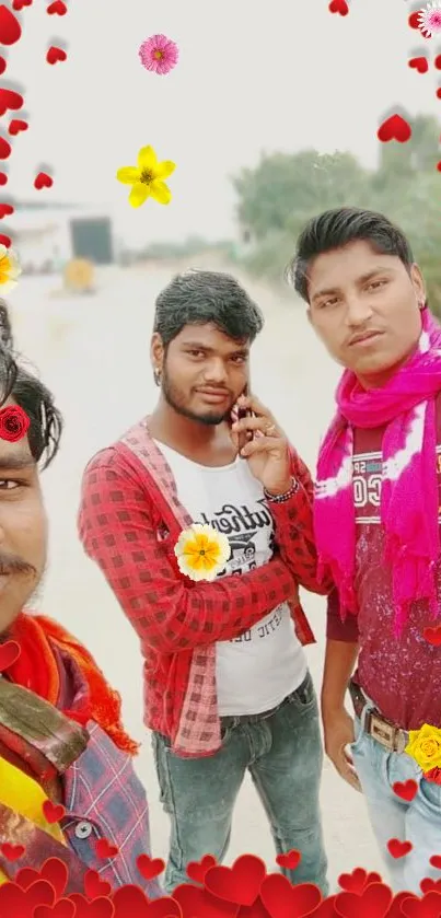 Three friends with a colorful heart and flower frame.