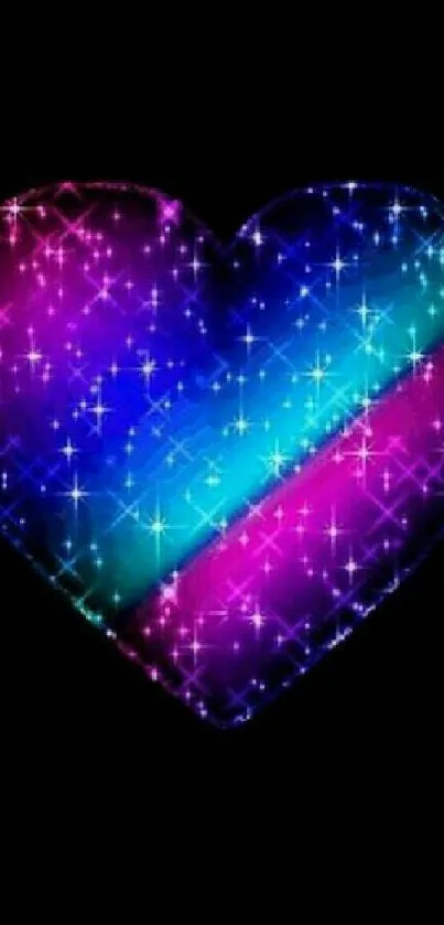 Vibrant heart shaped galaxy wallpaper with stars and neon colors.