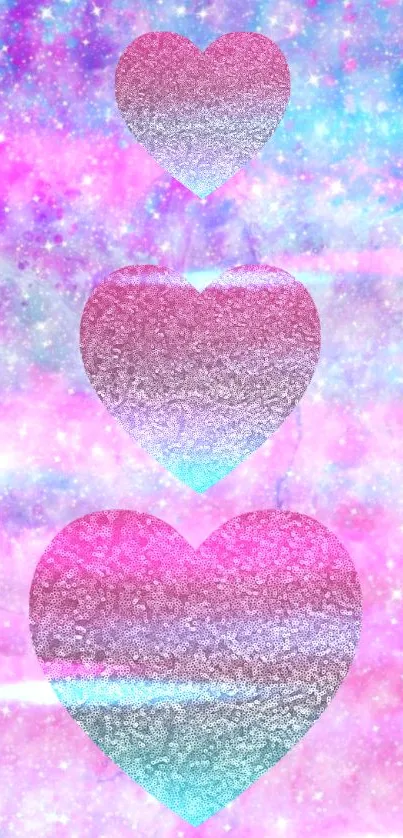 Colorful galaxy wallpaper with three shimmering gradient hearts.