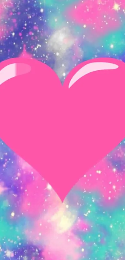 Vibrant pink heart on galaxy background wallpaper.