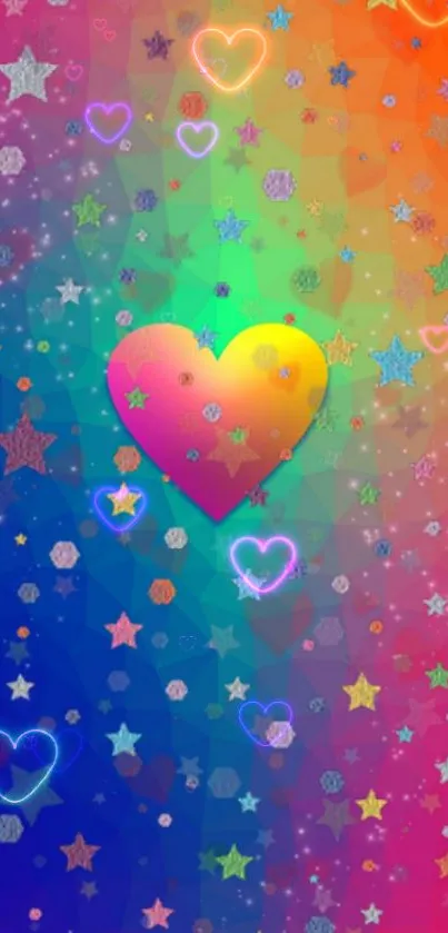 Colorful heart and star galaxy wallpaper with vibrant hues.