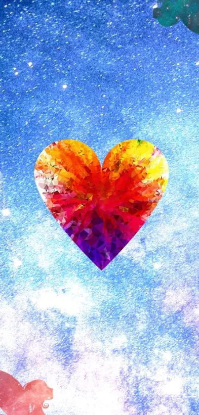 Colorful heart and fairies in a celestial galaxy theme mobile wallpaper.