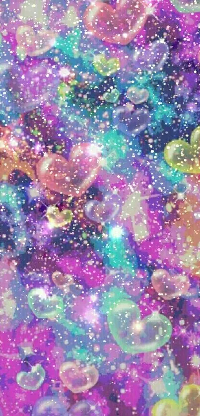 Colorful heart-themed galaxy wallpaper with vibrant abstract art design.