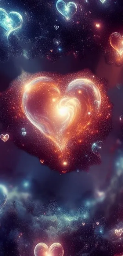 Galaxy of glowing hearts in a dark sky wallpaper.