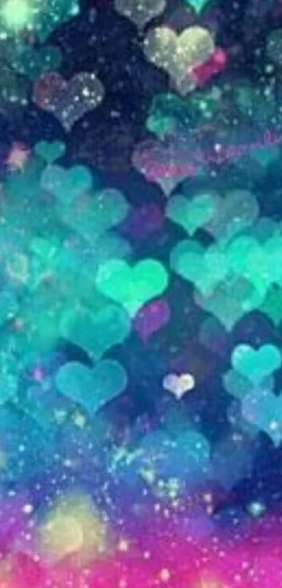 Colorful galaxy backdrop with glowing hearts.